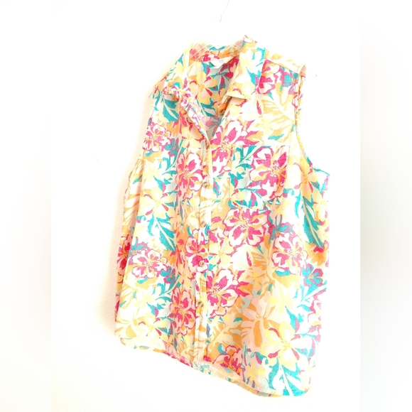 Sweet Time and Tru Linen Blend Sleeveless Colorful Floral Shirt Hawaiian Large - Picture 6 of 6